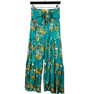 Floral Wide Leg Tiered Pant Harem Elastic Waist Tie Teal - S
